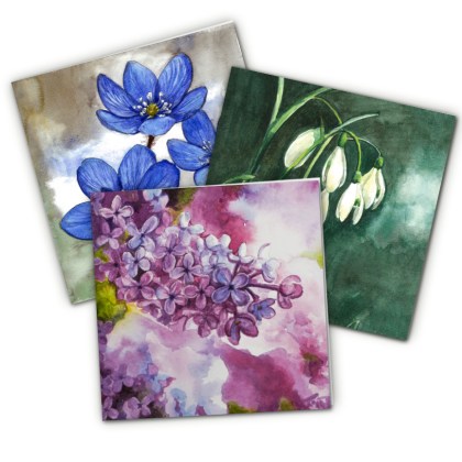 Kolm kaarti Maria Välja akvarellidega - sirelid, lumikellukesed, sinililled.